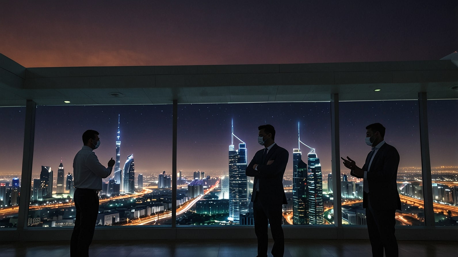 يحتفل المسؤولون التنفيذيون في المقر الرئيسي الأنيق لشركة دو في دبي بنتائج الربع الثالث من عام 2025 القياسية، من خلال عرض رقمي نابض بالحياة يعرض ابتكارات الجيل الخامس والذكاء الاصطناعي على خلفية أفق المدينة.