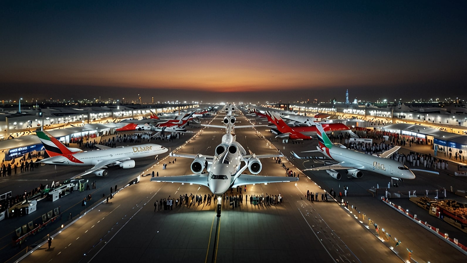 حشود نابضة بالحياة وعارضون عالميون يحيطون بالطائرات المتطورة في معرض دبي للطيران 2025 الذي ينطلق في 17 نوفمبر، ويضم قادة دولة الإمارات العربية المتحدة وإنجازات قطاع الطيران.