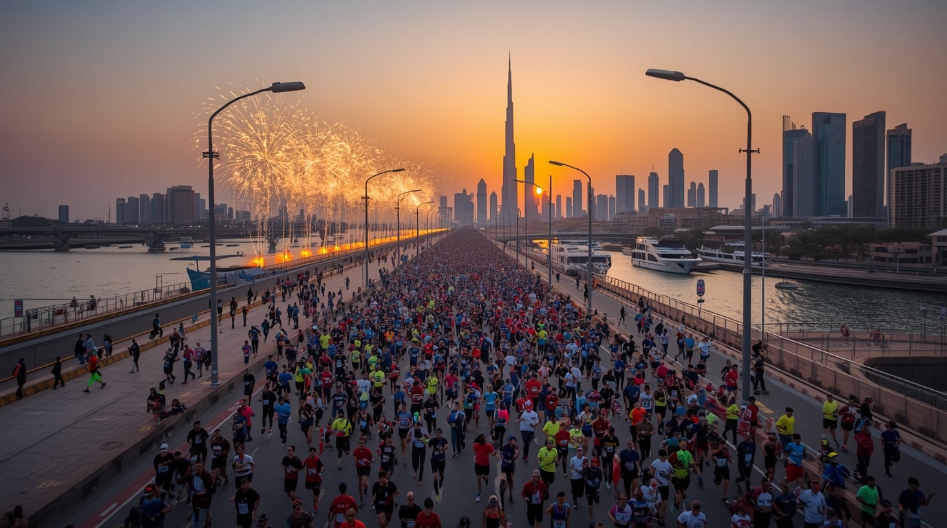 آلاف المشاركين المتنوعين بما في ذلك العائلات والعدائين والمشاة يتدفقون على شارع الشيخ زايد خلال حدث دبي للجري 2025 في 23 نوفمبر 2025، مع أفق دبي الشهير وبرج خليفة في الخلفية، لتعزيز الصحة والروح المجتمعية في دولة الإمارات العربية المتحدة.