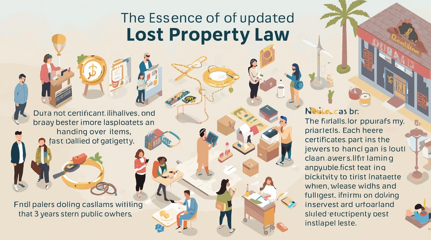 رسم توضيحي لشخص يعيد أشياء ثمينة مفقودة مثل المحفظة أو الهاتف إلى شرطة دبي، مما يؤهله للحصول على ما يصل إلى 10% من قيمة المكافأة بموجب مرسوم الملكية لعام 2025.