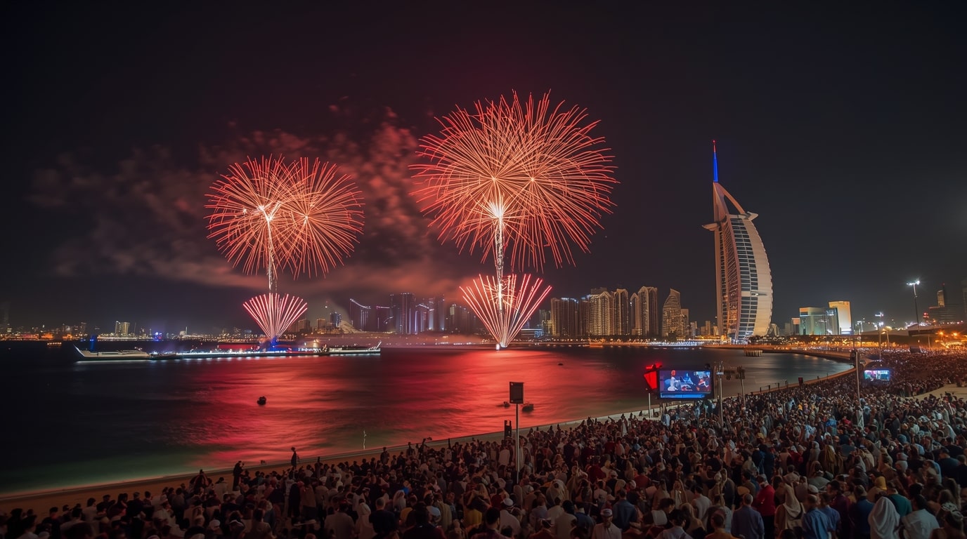 عرض الألعاب النارية النابض بالحياة يضيء أفق أبوظبي والكورنيش خلال اليوم الوطني الرابع والخمسين لدولة الإمارات العربية المتحدة في 2 ديسمبر 2025، مع تجمع الحشود للاحتفال بعيد الاتحاد، وإظهار الفخر الوطني والوحدة والتراث الثقافي في جميع أنحاء الإمارات السبع.