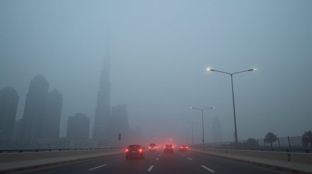 ضباب كثيف يُطلق إنذارًا أحمر في دبي وأبو ظبي – انخفاض الرؤية إلى أقل من 100 متر في 20 نوفمبر 2025