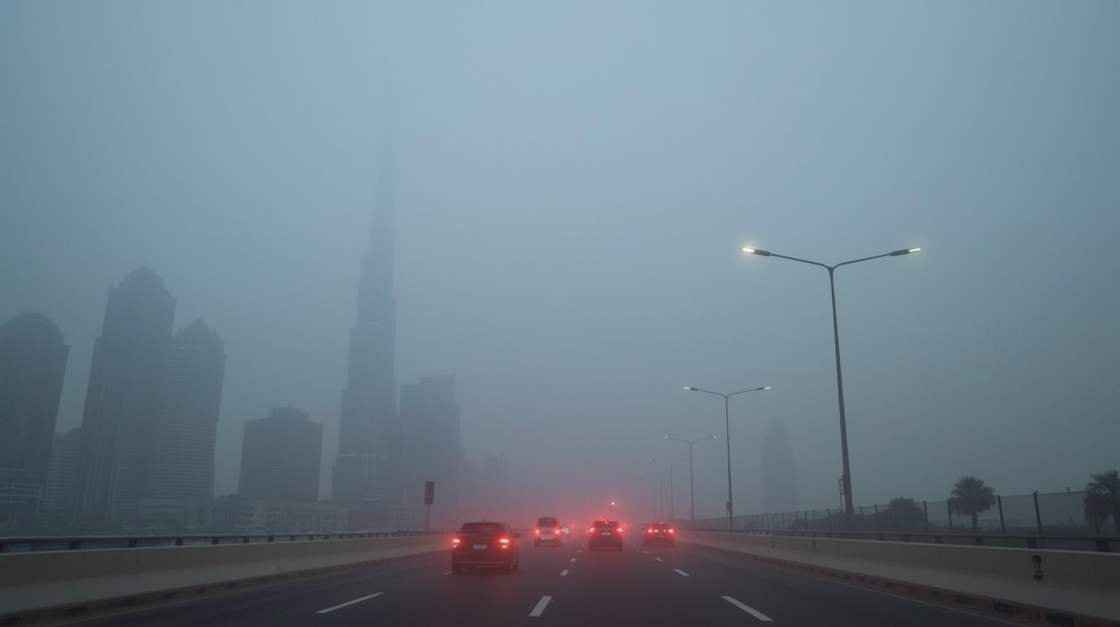 ضباب كثيف أحمر اللون يغلف شارع الشيخ زايد وأفق دبي في 20 نوفمبر 2025، وتنخفض الرؤية إلى أقل من 100 متر.