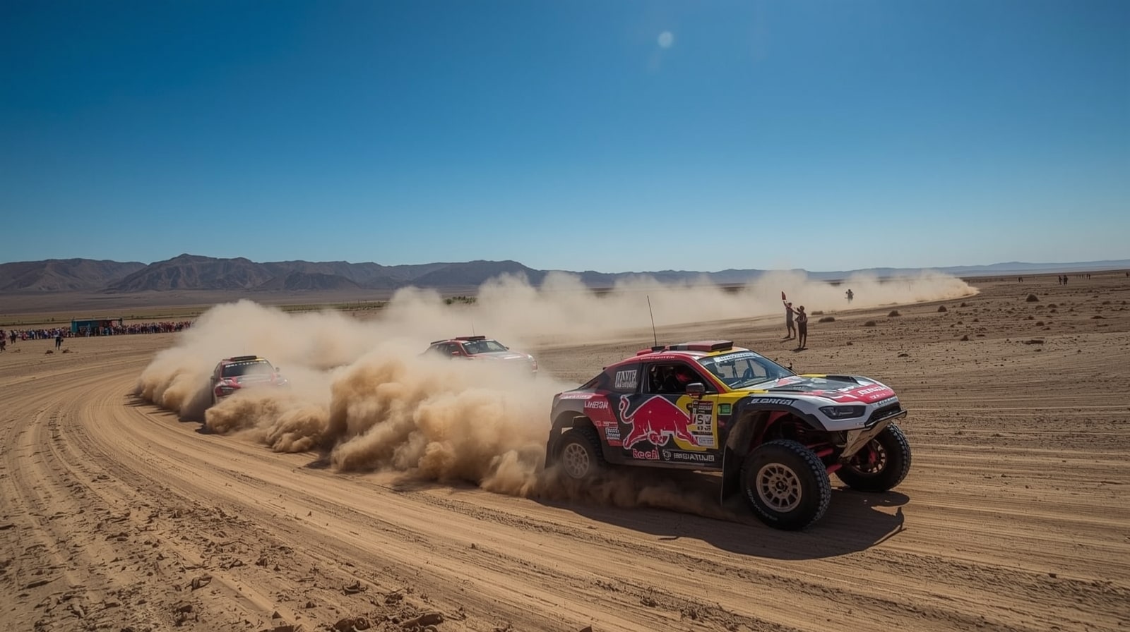تثير سيارات الرالي على الطرق الوعرة الغبار خلال المرحلة التمهيدية لرالي دبي الدولي باها 2025 في حتا في 20 نوفمبر، نهائي كأس العالم للراليات الصحراوية الدولية (FIA Bajas).
