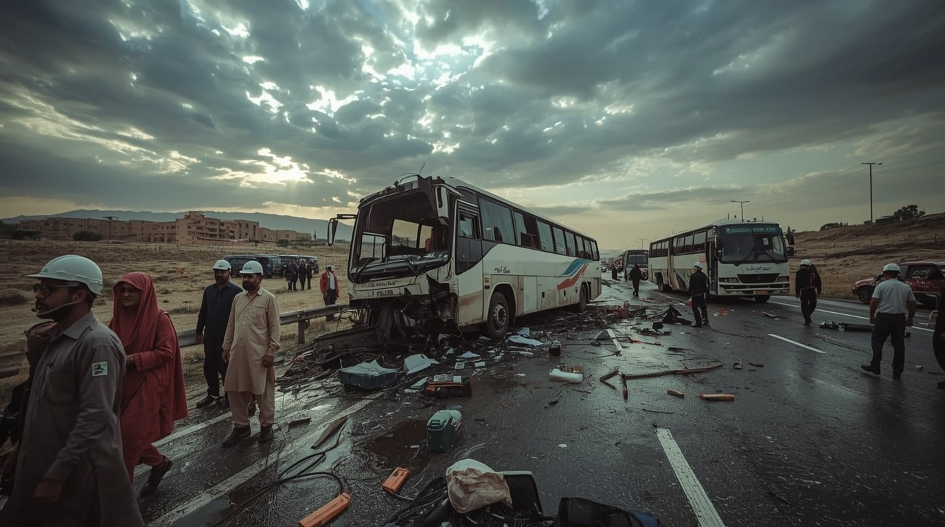 مشهد حادثة اصطدام حافلة بصهريج لنقل المعتمرين الهنود قرب المدينة المنورة في 17 نوفمبر 2025.